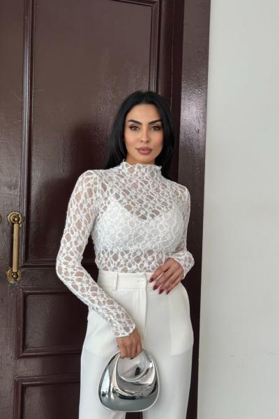 Dantel dik yaka bluz Beyaz