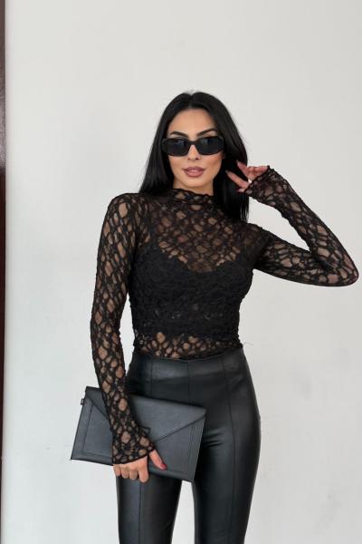 Dantel dik yaka bluz Siyah