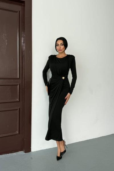 Büzgü tokalı elbise Siyah