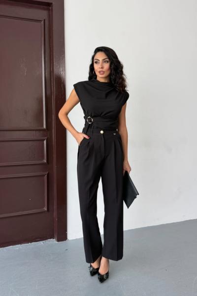 Geniş paça pileli pantolon Siyah